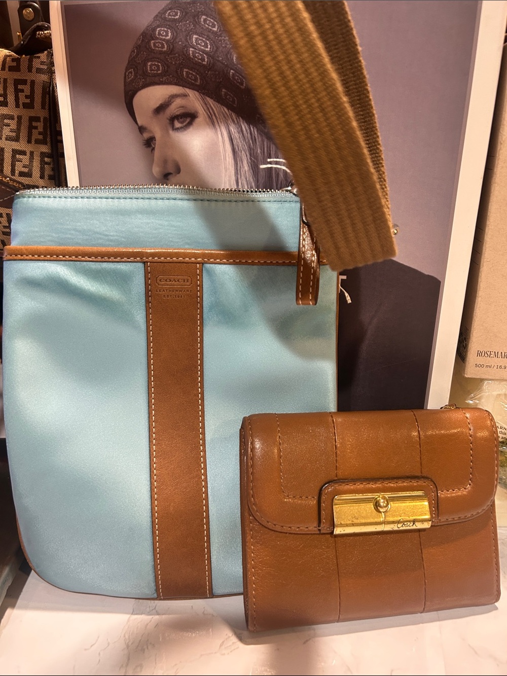 Coach Light Blue and Brown Leather-Trim Crossbody with Matching Wallet